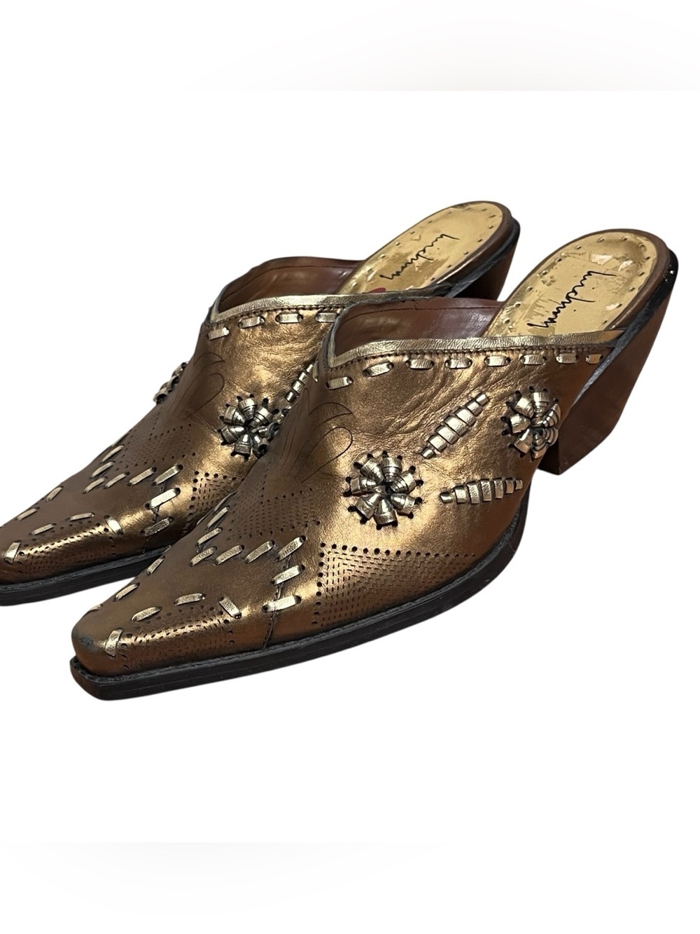 Vintage Luichiny Gold Bronze Embellished Cowboy Western Mules Slip Ons Size 7